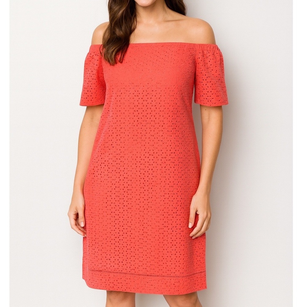 LAUREN Ralph Lauren Coral‎ Eyelet Off Shoulder Shift Dress 2 100% Cotton Summer